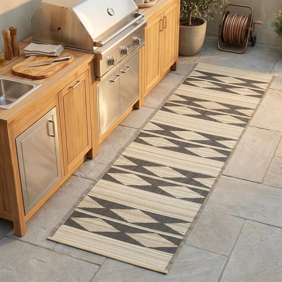 Fab Habitat Outdoor Rug - Waterproof, Fade Resistant, Crease-Free - Premium Recycled Plastic - Geometric Tribal - Porch, Deck, Balcony, Hallway, Poolside - Cairo - Natural & Black - 2.5 x 8 ft Runner