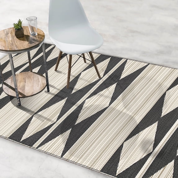 Fab Habitat Outdoor Rug - Waterproof, Fade Resistant, Crease-Free - Premium Recycled Plastic - Geometric Tribal - Porch, Deck, Balcony, Hallway, Poolside - Cairo - Natural & Black - 2.5 x 8 ft Runner