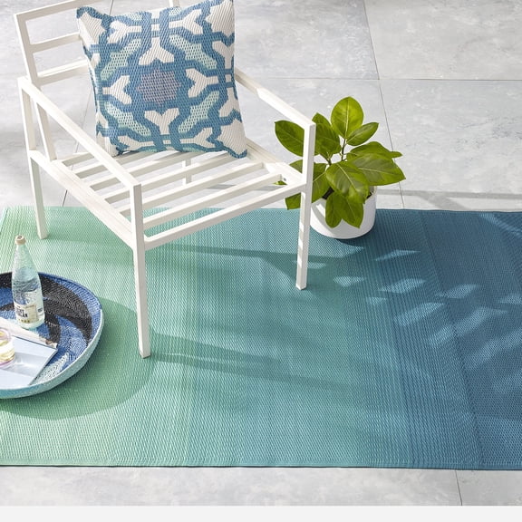 Outdoor Rug - Waterproof, Fade Resistant, Crease-Free - Premium Recycled Plastic - Ombre - Porch, Deck, Balcony, Hallway, Poolside - Big Sur - Teal - 2.5 x 8 ft Runner