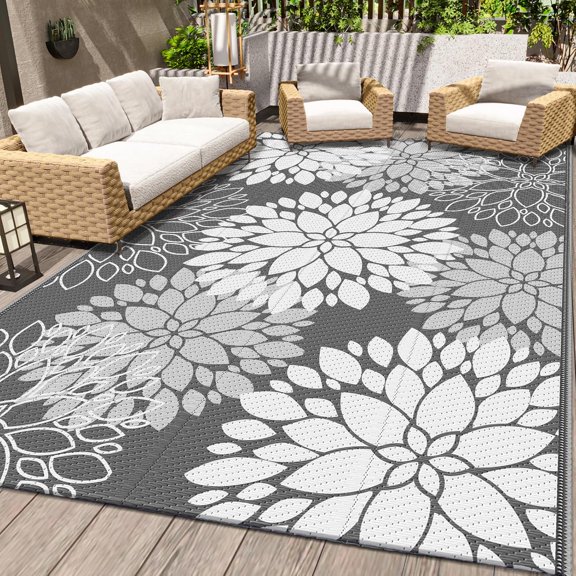 Outdoor Rug Waterproof Outdoor Plastic Straw Rug Reversible Patio Rug Mat Outdoor Decor Large Area Mats for RV, Picnic, Backyard, Deck, Balcony, Porch, Beach, Camping, 5'x 8',Grey