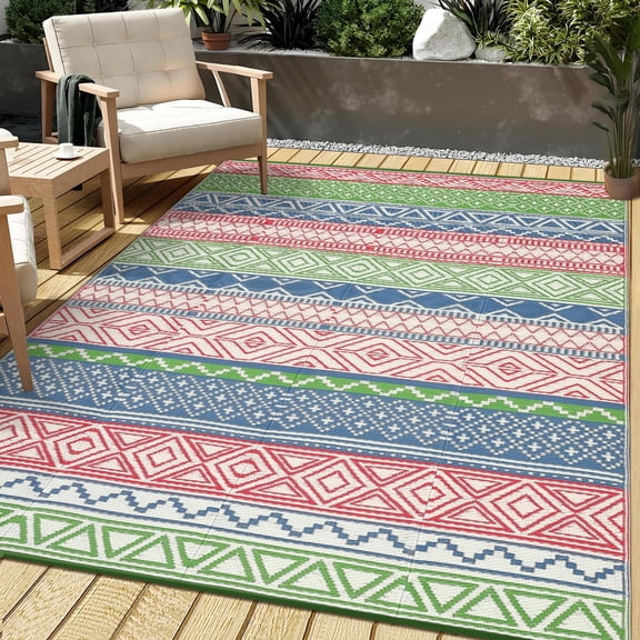 Outdoor Rug Waterproof for Patio, 1x2 Foldable Reversible Plastic Straw Carpet for Travel Trailers, Outside Mat for Rv, Deck, Picnic, Porch, Camper, Balcony, Beach, Red/Navy