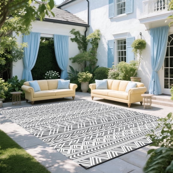 Kzaei Waterproof Outdoor Rug, 6'x9' Reversible Plastic Camping Area Rugs, Gray & White