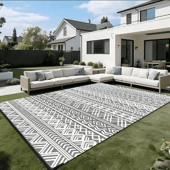 Kzaei Waterproof Outdoor Rug, 8'x10' Reversible Plastic Camping Area Rugs, Gray & White