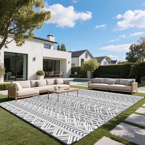 Kzaei Waterproof Outdoor Rug, 9'x12' Reversible Plastic Camping Area Rugs, Gray & White