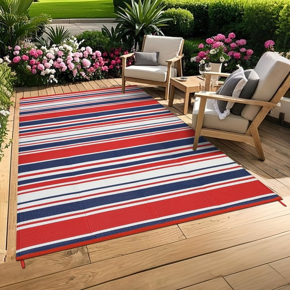 Outdoor Rug, Waterproof Plastic Straw Mat – UV Resistant, Reversible, Durable, Easy Clean, Modern Stripes, For Patio, RV, Camping, Red/Navy Blue/White, 8x10ft (244x305cm)