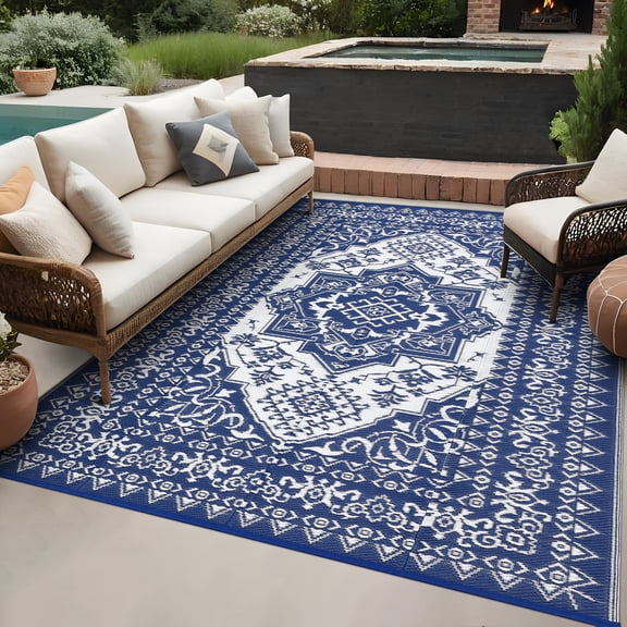 Outdoor Rug Waterproof Reversible 8x10ft – Large Navy Blue/White Vintage Medallion Plastic Straw Mat, for Patio, Deck, Balcony, Camping, RV, Beach, Picnic, Indoor/Outdoor – USA