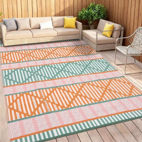 Outdoor Rug Waterproof Reversible Woven Fiber Mat in Orange/Green/Pink/White Geometric Pattern for Patio Deck RV