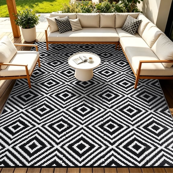 Outdoor Rug Waterproof Reversible for Patio Deck Campsite 5x8 Ft Black+White