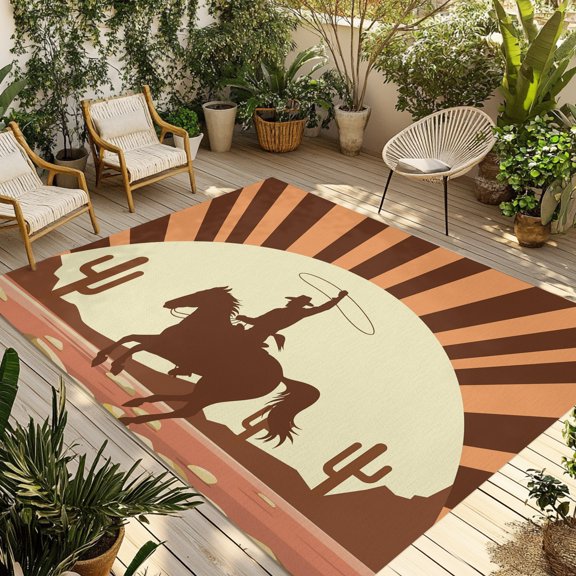 Outdoor Rug, Western Cowboy American Wild West Indoor Area Rug Outdoor Carpet RV Camping Rugs 5x8ft Cowboys Riding Horse in Desert Outside Mat for Patio Picnic Porch Deck Balcony Backyard