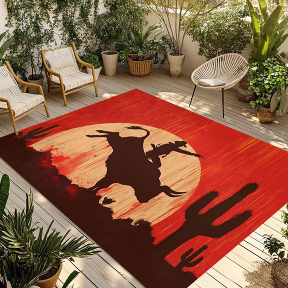 Outdoor Rug, Western Cowboys Horse Riding on Red Indoor Area Rug Outdoor Carpet RV Camping Rugs 5x8ft Abstract Cactus Desert Outside Mat for Patio Picnic Porch Deck Balcony Backyard