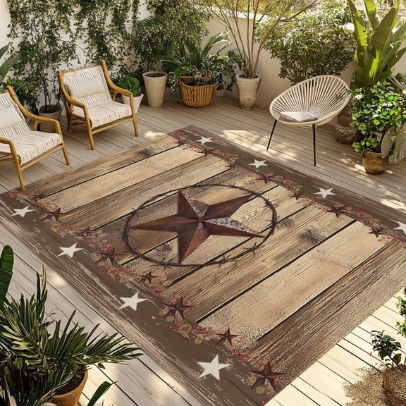 Outdoor Rug, Western Star Farm Texas Absorbant Non-Slip Area Rugs Mat Carpet for Patio Balcony Porch Backyard Deck Rv Camping 5x8ft Vintage Brown Wood Board