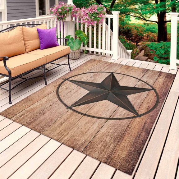 Outdoor Rug, Western Theme Texas Star Absorbant Non-Slip Area Rugs Mat Carpet for Patio Balcony Porch Backyard Deck Rv Camping 3x5ft Brown Wood Grain
