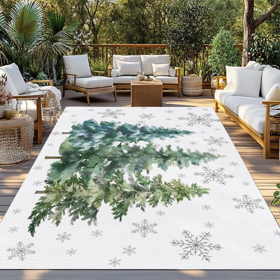 Outdoor Rug, White Christmas Tree Winter Snowflake Indoor Area Rug Outdoor Carpet RV Camping Rugs 3x5ft Snow Scene Merry Xmas Outside Mat for Patio Picnic Porch Deck Balcony Backyard