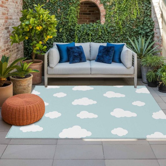 Outdoor Rug, White Clouds Blue Sky Indoor Area Rug Outdoor Carpet RV Camping Rugs 4x6ft Watercolor Cartoon Sky Outside Mat for Patio Picnic Porch Deck Balcony Backyard