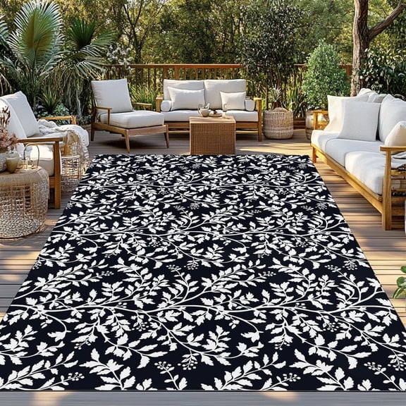 Outdoor Rug, White Leaves Floral Seamless Indoor Area Rug Outdoor Carpet RV Camping Rugs 3x5ft Overlay Botanical on Black Outside Mat for Patio Picnic Porch Deck Balcony Backyard