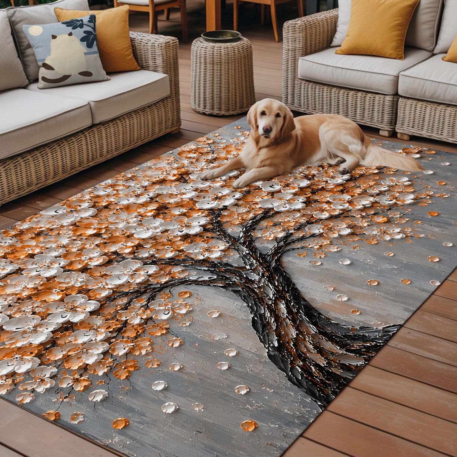Tree Designed Rugs Outdoor Rug, White Orange Flower Indoor Area Rug Outdoor Carpet RV ...
