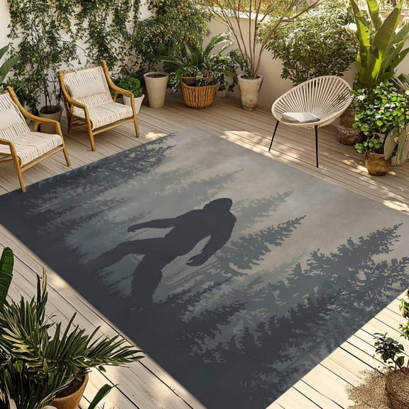 Outdoor Rug, Wildman Gorilla Forest Silhouette Absorbant Non-Slip Area Rugs Mat Carpet for Patio Balcony Porch Backyard Deck Rv Camping 5x8ft Retro Tree