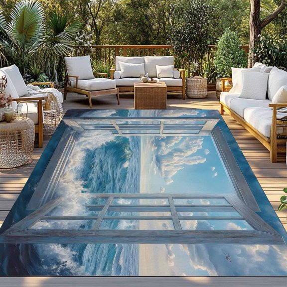 Outdoor Rug, Window Blue Sky Sea Wave Nautical Indoor Area Rug Outdoor Carpet RV Camping Rugs 3x5ft Coastal Ocean Outside Mat for Patio Picnic Porch Deck Balcony Backyard