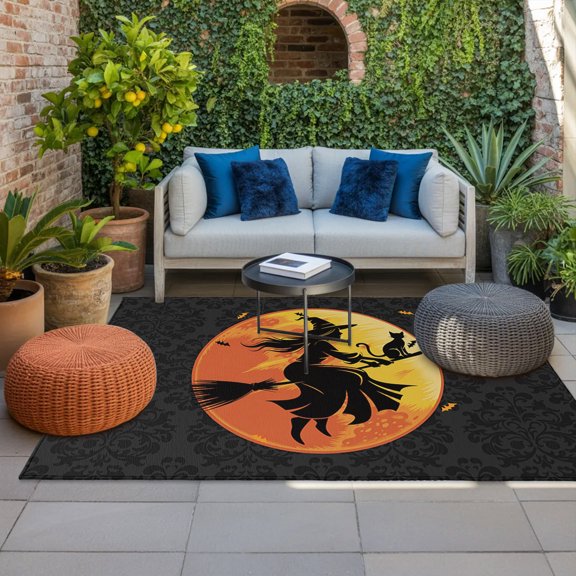 Outdoor Rug, Witch Broom Halloween Night Moon Absorbant Non-Slip Area Rugs Mat Carpet for Patio Balcony Porch Backyard Deck Rv Camping 4x6ft Pumpkin Bat Black Damask Flower