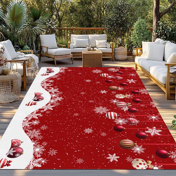 Outdoor Rug, Xmas Ornaments Ball Snowflake on Red Indoor Area Rug Outdoor Carpet RV Camping Rugs 3x5ft Winter Falling Snow Outside Mat for Patio Picnic Porch Deck Balcony Backyard