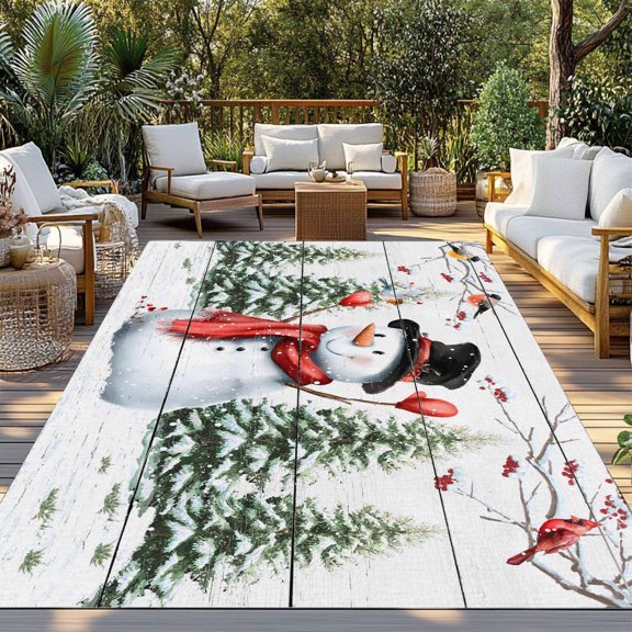 Outdoor Rug, Xmas Snowman Christmas Tree Bird Indoor Area Rug Outdoor Carpet RV Camping Rugs 3x5ft Winter Snow Rustic Plank Outside Mat for Patio Picnic Porch Deck Balcony Backyard