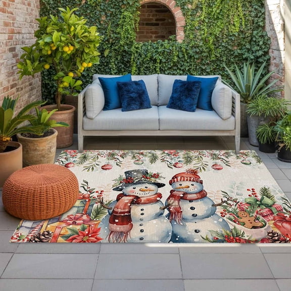 Outdoor Rug, Xmas Snowman Snowflake Poinsettia Indoor Area Rug Outdoor Carpet RV Camping Rugs 4x6ft Ball Eucalyptus Retro Linen Outside Mat for Patio Picnic Porch Deck Balcony Backyard