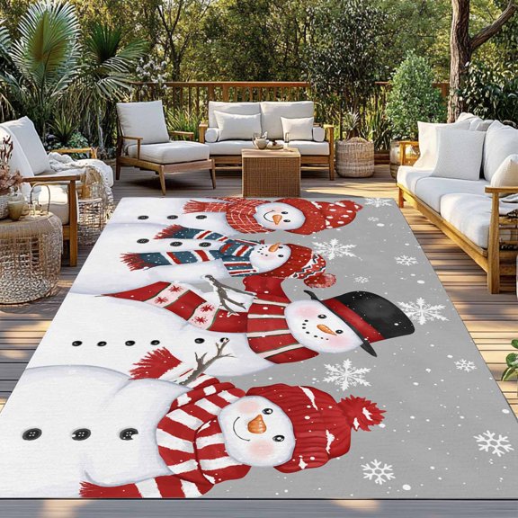 Outdoor Rug, Xmas Snowman Snowflakes on Grey Indoor Area Rug Outdoor Carpet RV Camping Rugs 3x5ft Winter Falling Snow Outside Mat for Patio Picnic Porch Deck Balcony Backyard