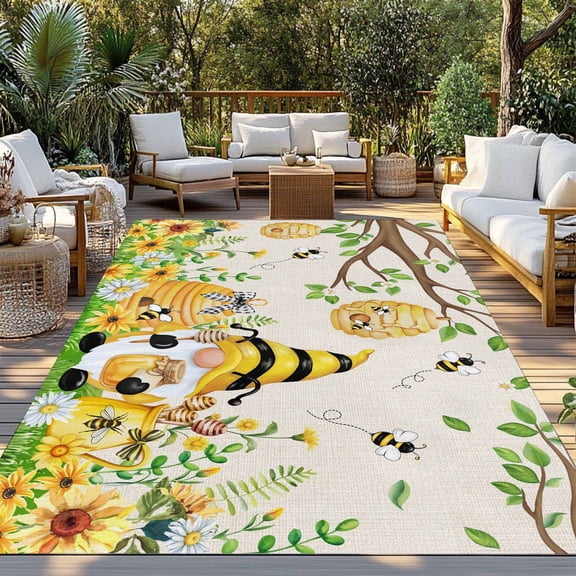 Outdoor Rug, Yellow Gnome Bee Flower Leaf Indoor Area Rug Outdoor Carpet RV Camping Rugs 3x5ft Farmhouse Pastoral Theme Outside Mat for Patio Picnic Porch Deck Balcony Backyard