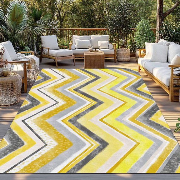 Outdoor Rug, Yellow Gray Gradient Zigzag Stripe Indoor Area Rug Outdoor Carpet RV Camping Rugs 3x5ft Nordic Style Abstract Art Outside Mat for Patio Picnic Porch Deck Balcony Backyard