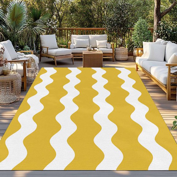 Outdoor Rug, Yellow White Wave Striped Indoor Area Rug Outdoor Carpet RV Camping Rugs 3x5ft Modern Chevron Stripe Outside Mat for Patio Picnic Porch Deck Balcony Backyard