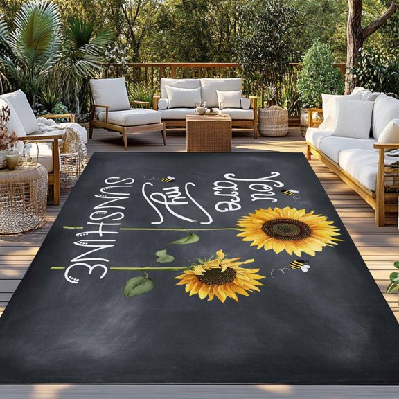 Outdoor Rug, You Are My Sunshine on Black Indoor Area Rug Outdoor Carpet RV Camping Rugs 3x5ft Farm Sunflowers Bees Outside Mat for Patio Picnic Porch Deck Balcony Backyard