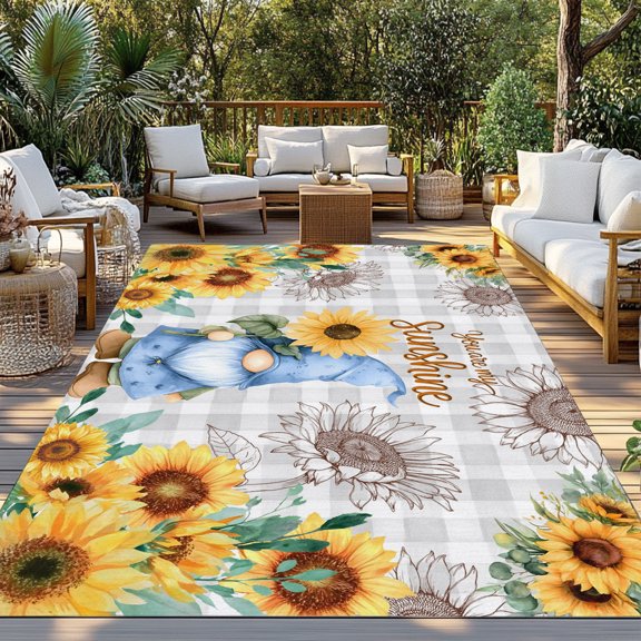 Outdoor Rug, You Are My Sunshine Blue Gnome Indoor Area Rug Outdoor Carpet RV Camping Rugs 3x5ft Farm Sunflowers Outside Mat for Patio Picnic Porch Deck Balcony Backyard