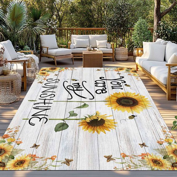 Outdoor Rug, You Are My Sunshine Words on Farm Wood Indoor Area Rug Outdoor Carpet RV Camping Rugs 3x5ft Sunflowers Bees Outside Mat for Patio Picnic Porch Deck Balcony Backyard