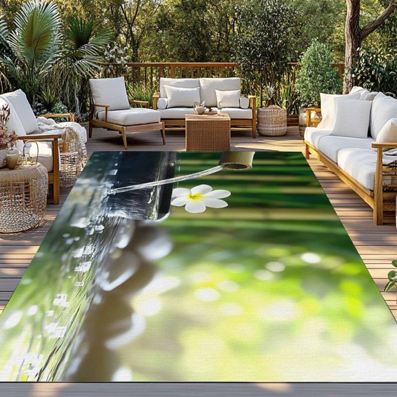 Outdoor Rug, Zen Meditation Plumeria Flower Indoor Area Rug Outdoor Carpet RV Camping Rugs 3x5ft Flowing Water Forest Outside Mat for Patio Picnic Porch Deck Balcony Backyard