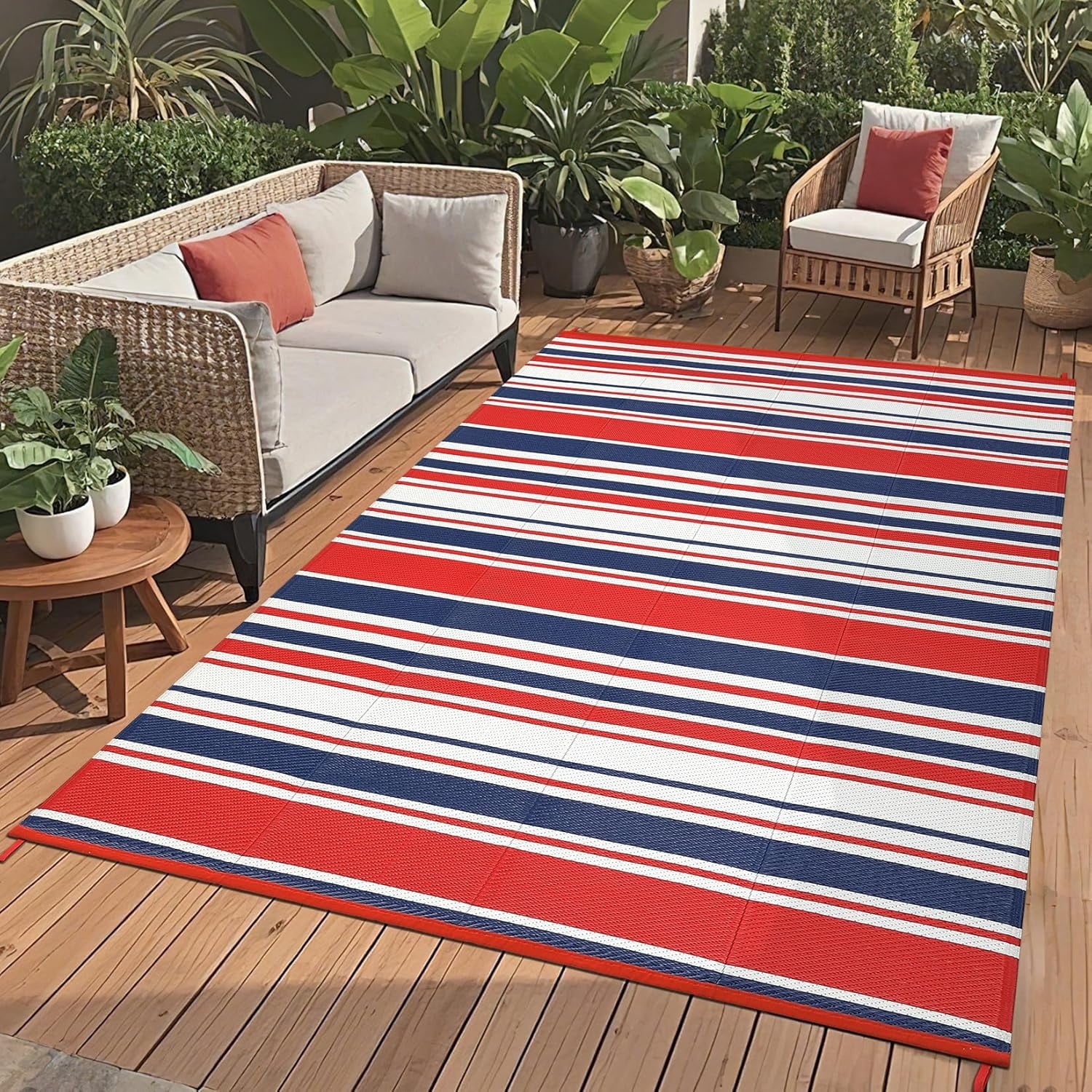 Outdoor Rug for Patio,Waterproof Mat,Reversible Plastic Striped Camping Rugs for RV,Porch,Deck,Camper,Balcony,Backyard,Beach