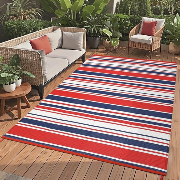 Outdoor Rug for Patio,Waterproof Mat,Reversible Plastic Striped Camping Rugs for RV,Porch,Deck,Camper,Balcony,Backyard,Beach