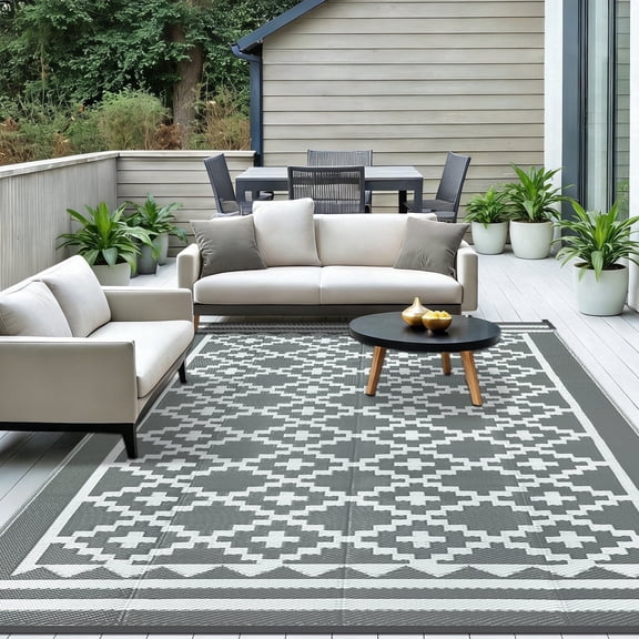 ORGOWEL Outdoor Rugs 8*10ft Waterproof Large Plastic Straw Mat UV Resistant Patio Rugs Reversible Indoor Outdoor Rugs for RV Camping Deck Balcony Beach Picnic Porch,Grey