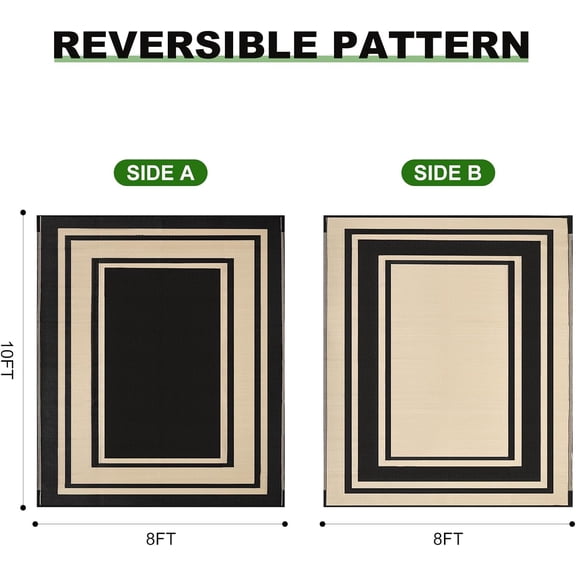 Outdoor Rugs 8x10 Waterproof for Patios, Plastic Straw Mats for Backyard, Porch, Deck, Balcony, Reversible, Black and Beige
