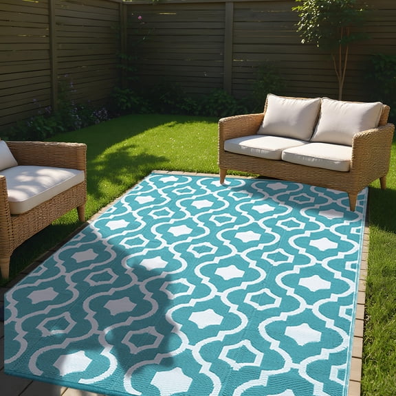Outdoor Rugs 8x10 ft Waterproof Floor Mat for Patio, Plastic Reversible Outside Carpet Portable Straw Rug for Camping Tent RV & Balcony, Blue & White