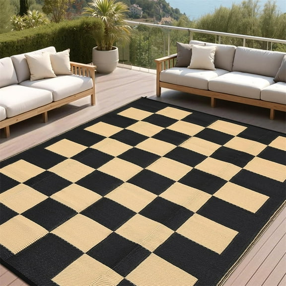 Outdoor Rugs 8x10ft/9x12ft Plaid Reversible Plastic Straw Rugs, Easy Cleaning Checkered Camping Carpet, Lightweight Outside Floor Mat for Picnic, Patio, RV, Porch, Deck, Balcony, Beach