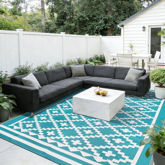 ORGOWEL Outdoor Rugs 9*12ft Waterproof Large Plastic Straw Mat UV Resistant Patio Rugs Reversible Indoor Outdoor Rugs for RV Camping Deck Balcony Beach Picnic Porch,Teal