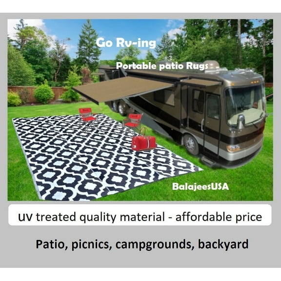 BalajeesUSA Outdoor Rugs, 9' x 12' Black Moroccan Beach Waterproof Rug Camper