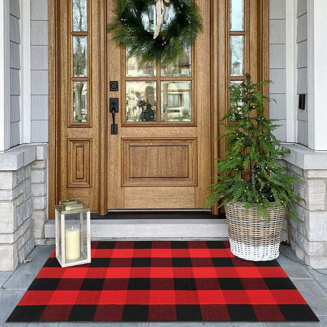 iOhouze Outdoor Rugs 2.3x3.6 Black and Red Checked Rug Christmas Door Mat Washable Layered Front Door Mat for Porch Entryway Farmhouse