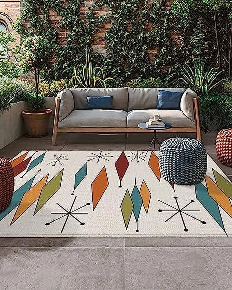 Outdoor Rugs Mats Reversible Carpet MidCentury Modern Red Orange and