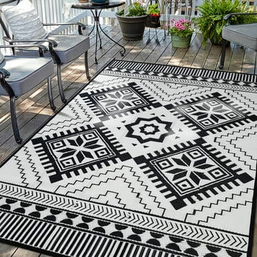 Outdoor Rugs for Patio 6x9ft, Reversible Plastic Straw Rug, RV Camping Waterproof, Portable Carpet Area Rug for Camping, Deck Garden, Porch and Balcony, Black & White, Bohemia