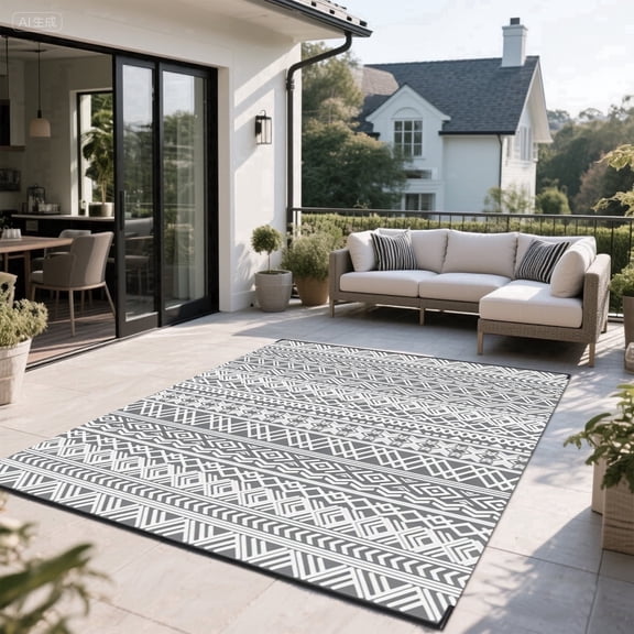 Kzaei Waterproof Outdoor Rug, 4'x6' Reversible Plastic Camping Area Rugs, Gray & White