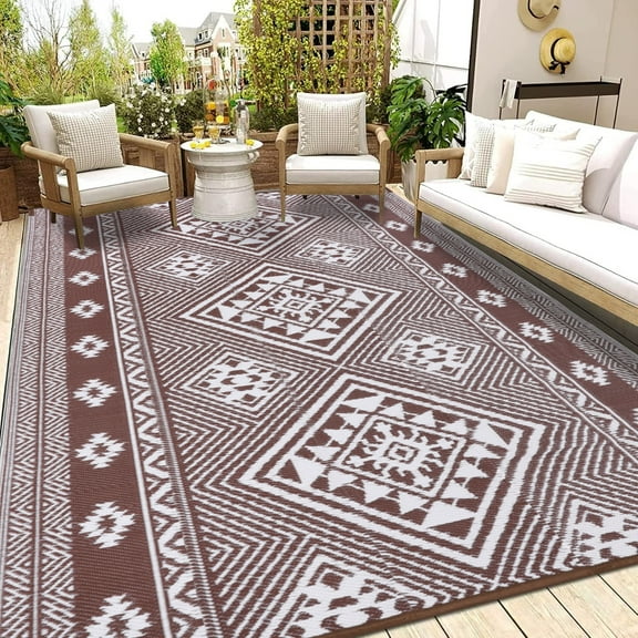 Outdoor Rugs 9x12 ft, Yamaziot Patio Rug Waterproof Reversible Plastic Straw RV Camping Mats Outdoor Rug for Patios Garden Porch Balcony Beach, Morocco Brown