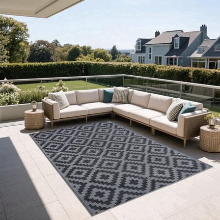 Kzaei Waterproof Outdoor Rug, 4'x6' Reversible Plastic Camping Area Rugs, Black & Gray