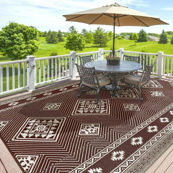 Outdoor Rugs, Yamaziot 8'x10' Patio Rug Waterproof Reversible Plastic Straw RV Camping Mats Outdoor Rug for Patios Garden Porch Balcony Beach, Beige Brown