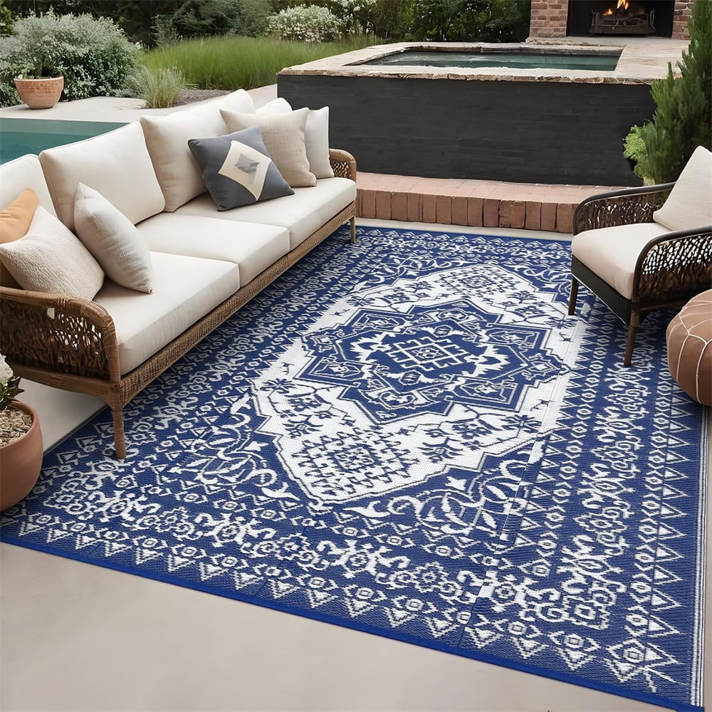 Outdoor Rugs8x10ft/9x12ft/10x14ft/9x18ft/10x20ft Waterproof Portable for Patio, Reversible Outdoor Plastic Straw Rug for Camping, RV Mat Modern Plaid Outdoor Rugs for Porch, Deck, Backyard, Balcony,